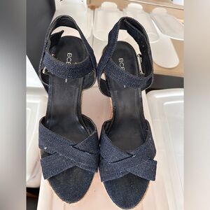 Denim strappy wedge sandals